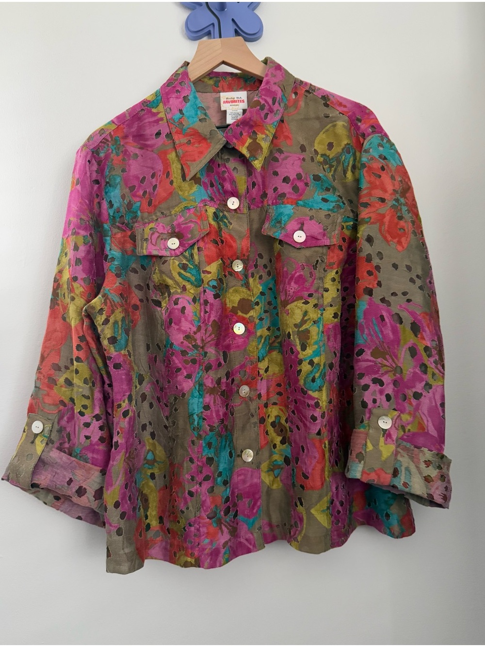 Ruby Rd 20W Colorful Floral Button Up Shirt Pink Utility Lagenlook Funky Relaxed
